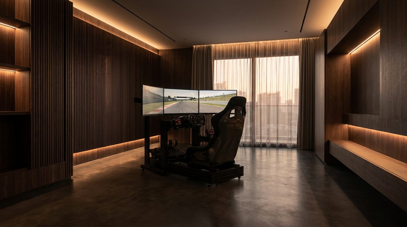 A racing simulator room built into a contemporary home (illustrative AI-generated image, not a Precision project)
