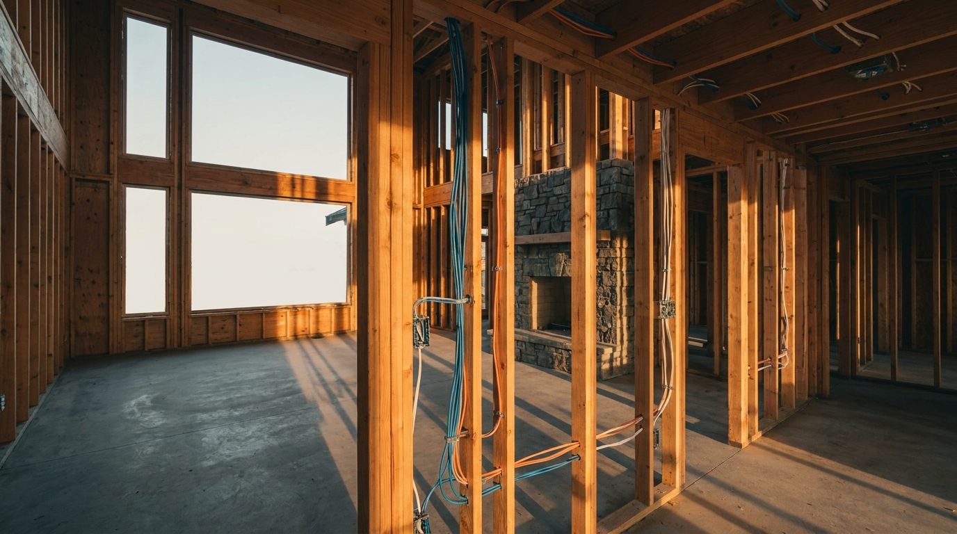 A high-end home under construction with low-voltage prewire run through the framing (illustrative AI-generated image, not a Precision project)