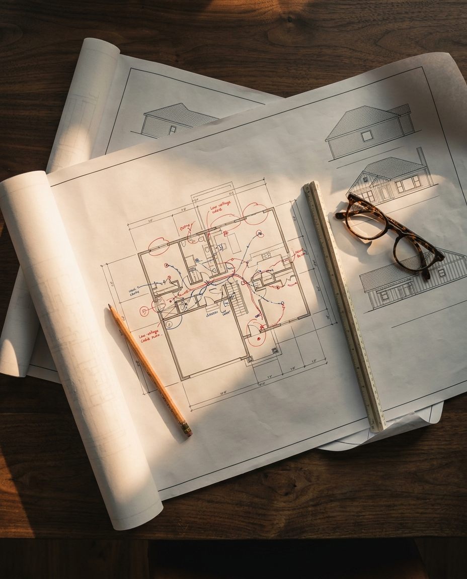 Construction drawings hand-marked with device locations and low-voltage runs (illustrative AI-generated image, not a Precision project)